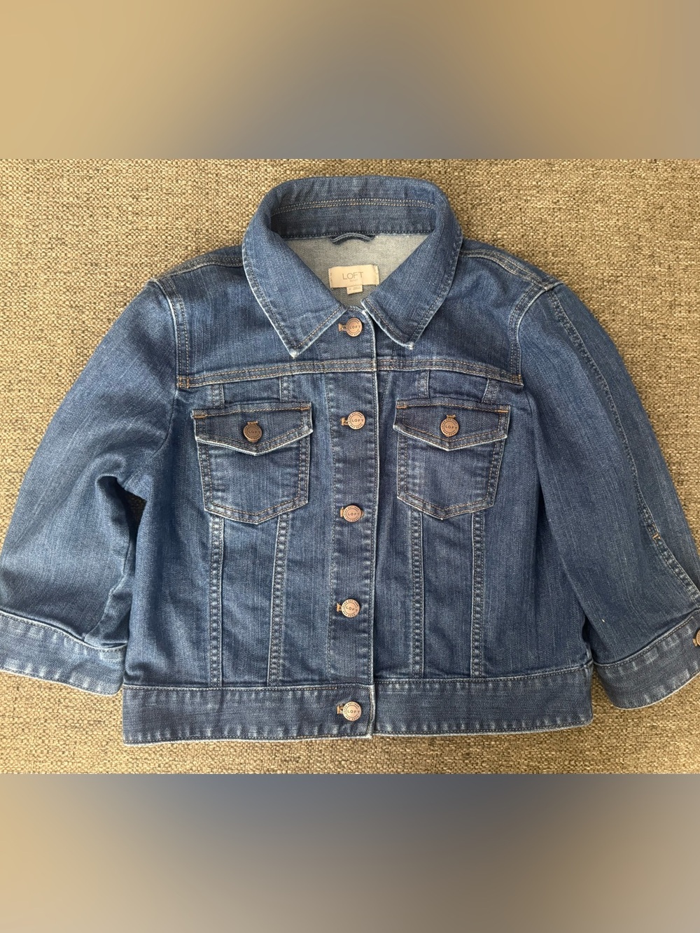 Preowned LOFT Women Classic Blue Denim Cropped Jacket 3/4 Sleeve size Medium
